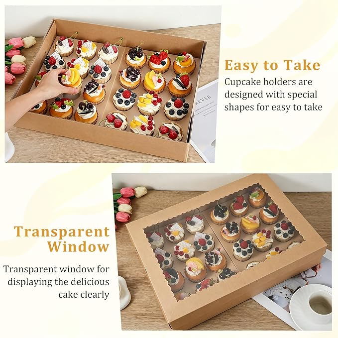 24 Count Cupcake Boxes, 8 Pack White Cupcake Containers with Windows and Inserts, Disposable Cupcake Carriers for Muffins, Treats, Pastries, 19 x 14 x 3.9 Inches (Brown, 24Count /8Pcs)