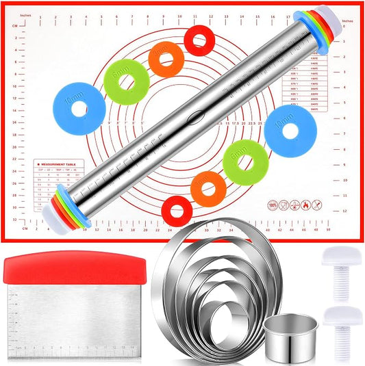 Dandat Rolling Pin with Adjustable Thickness Rings and Silicone Baking Pastry Mat Biscuit Cutter Bench Scraper Stainless Steel Dough Roller Rolling Pins for Baking Cookies Pie Pasta Pastries(Red)