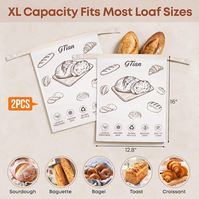2 Pack Beeswax Bread Bags for Sourdough Homemade Bread, 17"×12.6" Organic Beeswax Linen Cotton Sourdough Bags Food Storage Cloth Bag, with Serrated Bread Knife and Bamboo Cutting Board