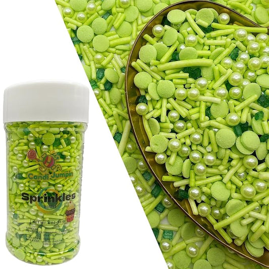 CandiJumpin Bright Green Pearl Sprinkles, Edible Pearls and Jimmies Mix Green Sprinkles Crunchy Jimmies Edible Pearls for Cake Decorating Pearl Decoration for Baking Baby Shower St Patricks Day Birthday Wedding Christmas Supplies 3 OZ