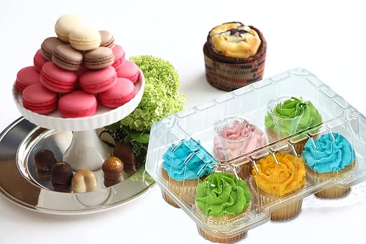 Decony Cupcake Boxes 6 Count [ MADE IN USA ]- Clear Plastic Cupcake Containers with 4" High Dome Lid- Durable Cupcake Holders- Each Cup Cake Box Holds 6 Cupcakes- 12 Pack