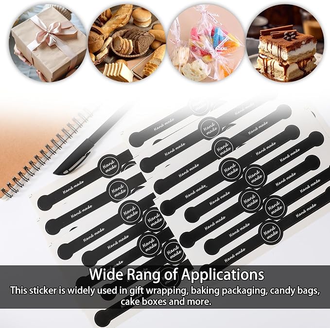 250 Pcs 50 Sheets Handmade Food Baking Seal Sticker Black Long Strip 7.1"x1" Seals Stickers for Bakery Tamper Evident Labels for Food Packaging Cake Boxes Jar