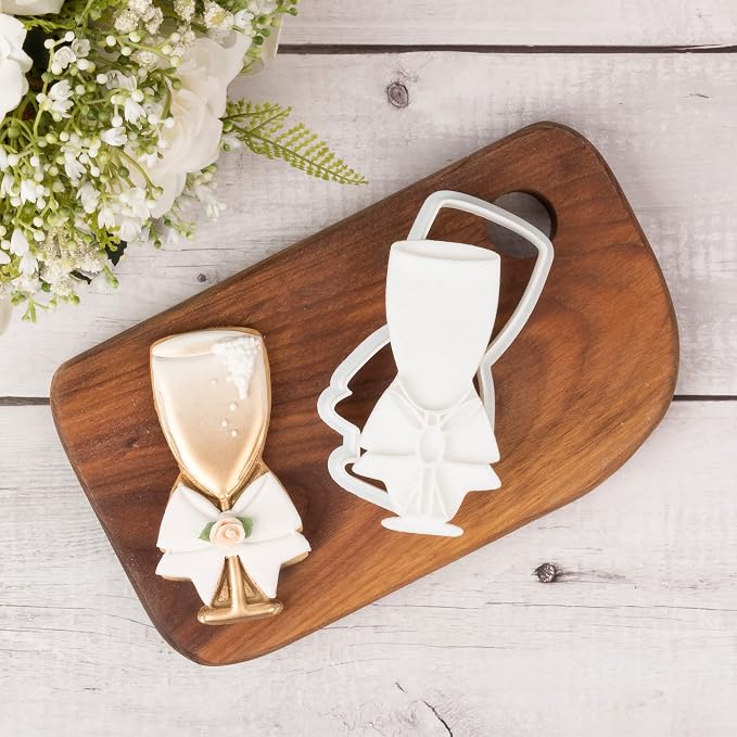 Wedding Cookie Cutter with Plunger Stamps Handle Champagne Glass Bridal Shower Holiday PLA Cake Baking Cutter Molds Gifts for Kids Decorative 3.5" Kitchen Cake Supplies