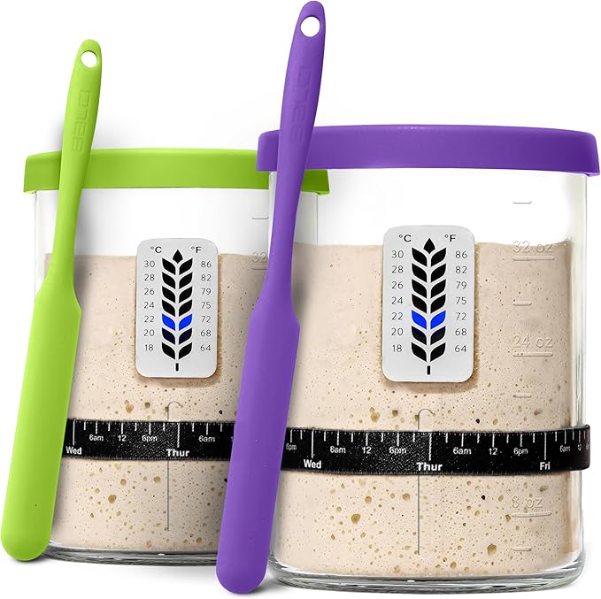 Premium Sourdough Starter Jar - 40oz Large Sourdough Jar with Marked Feeding Band, Scraper, Cloth Cover and Silicone Lid/Base, Wide Mouth Starter Kit - Green/Purple
