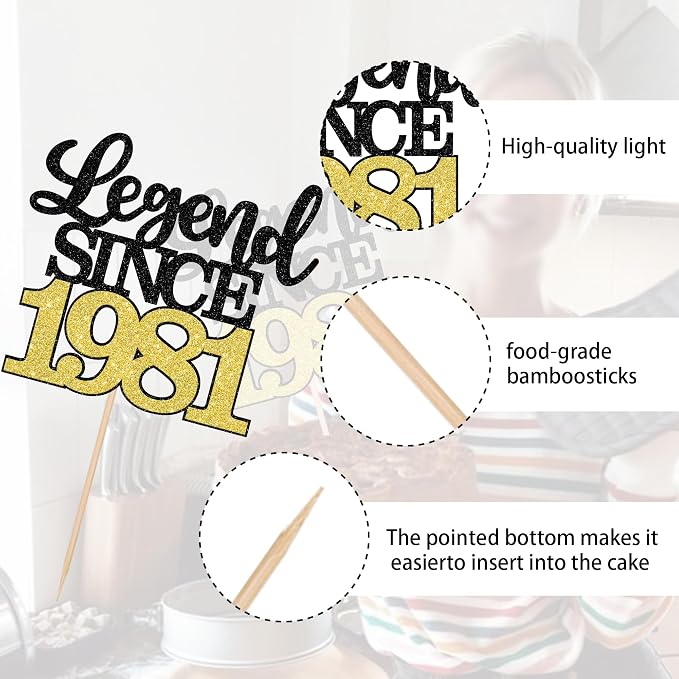 1 PCS Legend Since 1981 Cake Topper Black Gold Glitter Forty Five Happy 45th Birthday Cake Pick Hello 45 Cheers to 45 Years Cake Decoration for 45th Birthday Anniversary Party Decorations Supplies