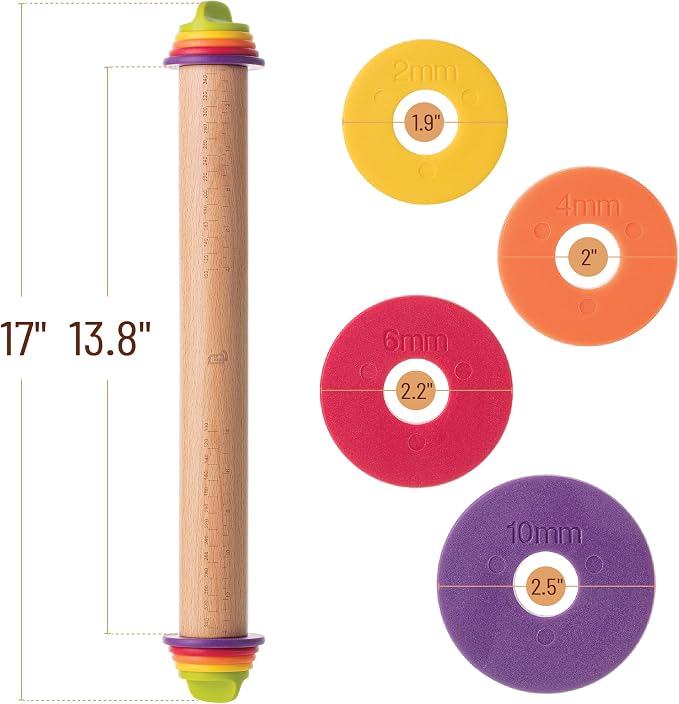 BAMBOO LAND- Adjustable Rolling Pin with Thickness Rings, 13.8", 4 Rings | 2-10 mm / 1/16"-3/8", Wood Rolling Pins for Baking Bread, Pizza Doughs