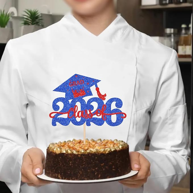 1 Pack Class of 2026 Cake Topper Glitter Congrats Grad Cap 2026 Graduation Cake Pick Decoration for 2026 Graduation Theme High School Graduate Party Cake Decorations Supplies Blue Red