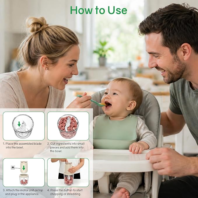 Baby Food Maker with Glass Bowl and Stainless Steel Blades, Small 300W Electric Food processor Vegetable Chopper for Home Kitchen, Baby Food Puree Blender for Fruit, Meat, 20oz, White (0.6L)