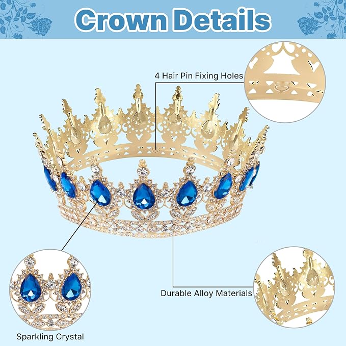 Crown Cake Topper, Blue & Gold Crown Balls Happy Birthday Cake Toppers Candles Butterfly, Corona Para Pastel, Crown Cake Decorations for Women Queen Princess Party (Gold, Sky Blue)