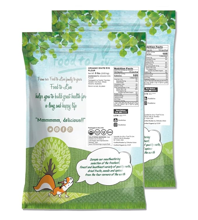 Food to Live Organic White Rye Flour, 16 Pounds - Non-GMO, Unbleached, Light, Medium Protein, Vegan, Kosher, Finely Milled Berries, Great for Baking Cookies, Muffins, Bread, and Sourdough
