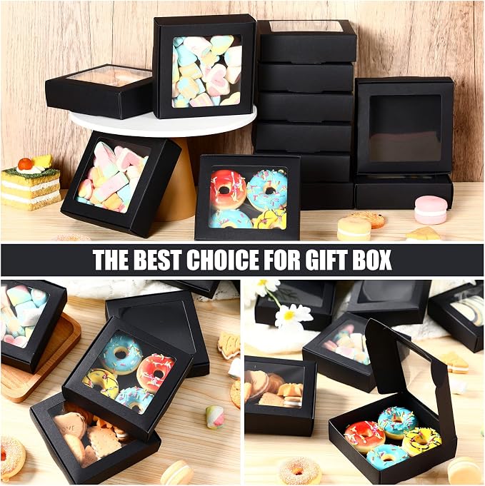 Zonon 30 Pcs Kraft Paper Boxes with Window 4.13 x 4.13 x 1.18 Inch Candy Packaging, Small Gift Boxes, Soap holder, Mini Treat Packaging for Bakery Chocolate Jewelry Display (Black)