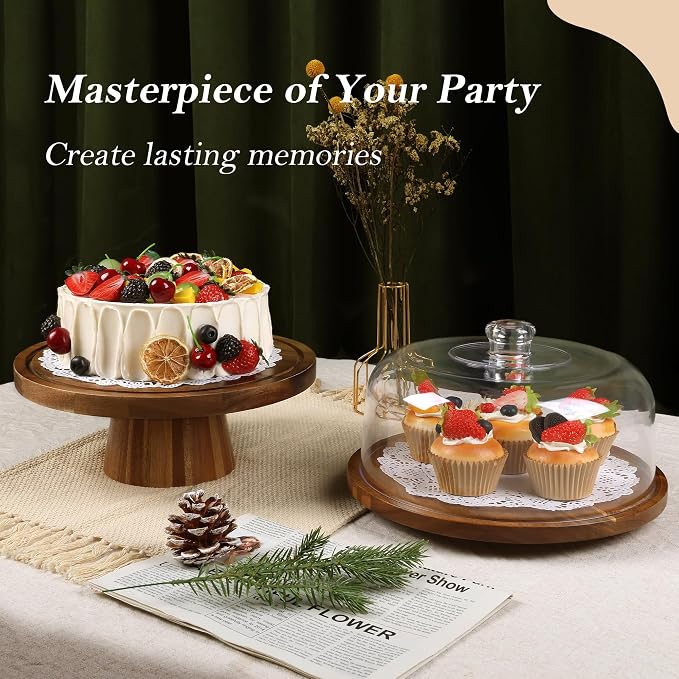 Bellsal Wooden Cake Stand with Lid, Acacia Cake Stand with Plastic Dome, 12-Inch Versatile Dessert Table Display Set & Charcuterie Board for Cheese, Chips & Dips, Fruit Platter, Cake Holder for Party