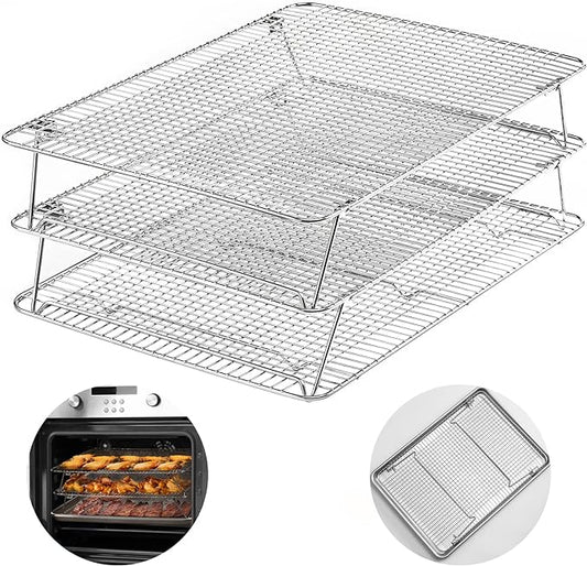 HIWARE Oven-Salf Collapsible Cooling Rack for Baking, 3 Tier 12”x 16.5”, Stainless Steel and Fit Half Sheet, Stackable Wire Cooling Racks for Cookie, Pizza, Cake