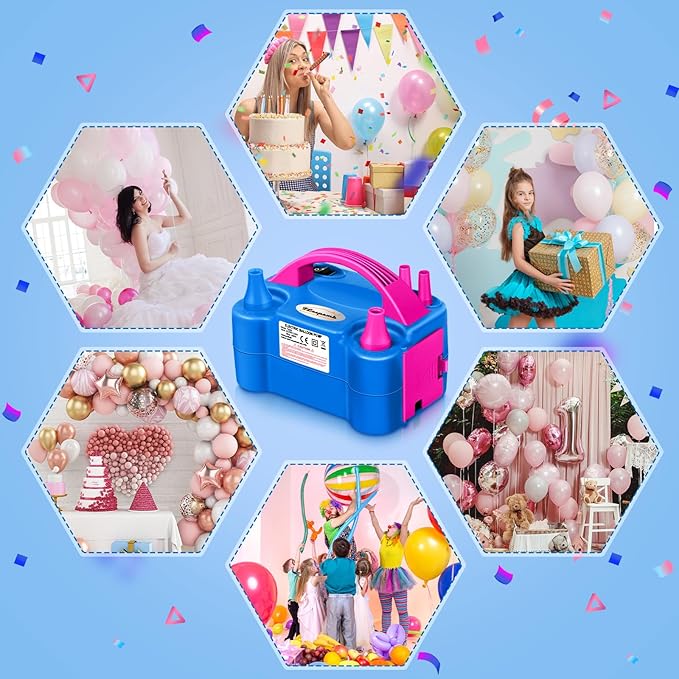 FLSEPAMB Balloon Pump, Electric Balloon Pump, Portable Dual Nozzle 110V 600W Electric Balloon Blower, Balloon Pump for Party Decorations with Tying Tool, Colored Ribbons