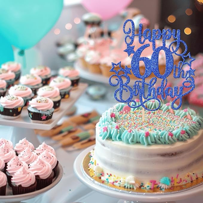 1 PCS Happy 60th Birthday Cake Topper Glitter Cheers to 60 Years Birthday Cake Pick Hello 60 Fabulous Cake Decoration for Happy 60th Birthday Anniversary Party Decorations Supplies Blue