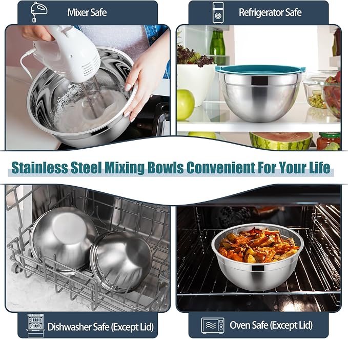 P&P CHEF Blue Mixing Bowls with Lids, Set of 3, Stainless Steel Salad Nesting Bowl for Mixing, Storing, Prepping, Airtight & Stackable, Size 4.6/3 /1.5 QT