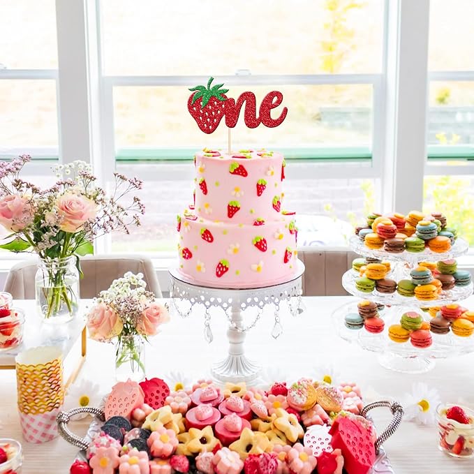 1 PCS Strawberry One Cake Topper Glitter First Birthday Sweet One Strawberry Cake Pick Berry 1st Birthday Cake Decoration for Strawberry Theme Baby Shower Kids 1st Birthday Party Supplies Red