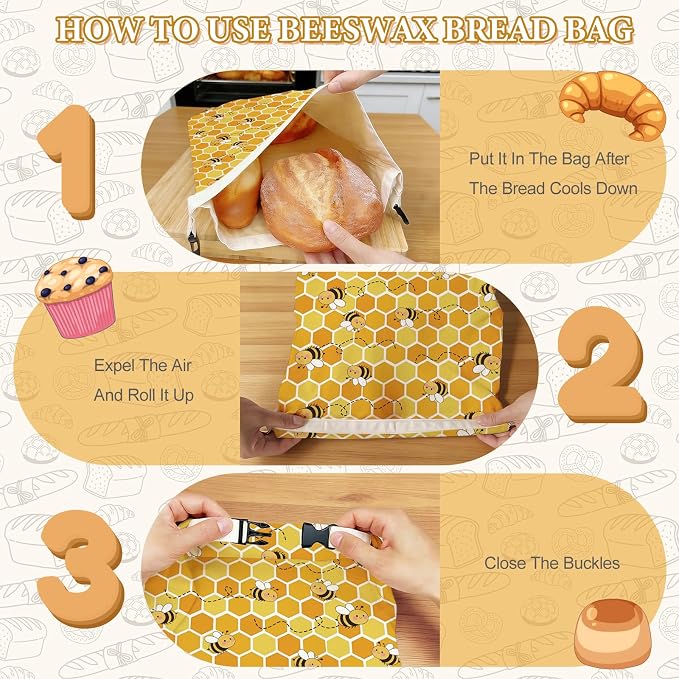2 Pack Beeswax Bread Bags for Homemade Sourdough Bread, 17x13 Inch Reusable Linen Beeswax Bread Bag with Buckle to Keeps Bread Freshness for Food Storage(Cute Bee)