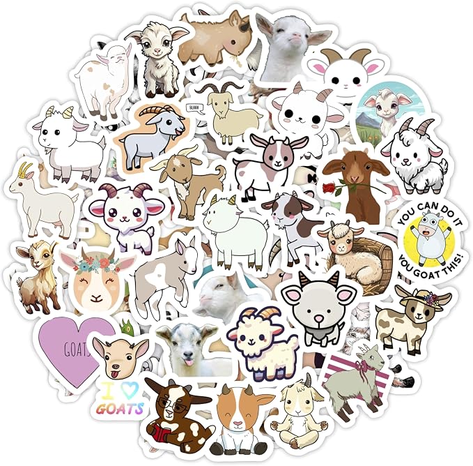 100Pcs Cute Goat Stickers for Water Bottle and Laptop - Goat Party Supplies & Decorations, Farm Animal Stickers, Waterproof Vinyl Decals, Gifts for Women & Men