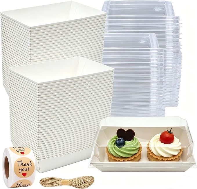 100 Pack Charcuterie Boxes with Clear Lids, White Mini Dessert Bakery Boxes, Empty To Go Food Containers with Stickers for 2 Cupcakes, Muffins, Cake Slice Sushi Strawberry, 5.5 x 2.7 Inches