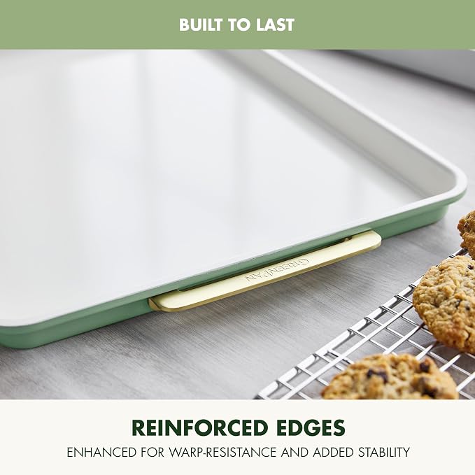 GreenPan Bakeware 13"x18" Half Baking Sheet Pan, Ceramic Nonstick Baking Pan, PFAS & BPA Free, Gold Handles, Durable Steel, Versatile & Space Saving Ovenware, Freezer to Oven Dish, Sage Green