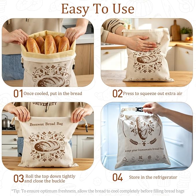 2 Pack Natural Beeswax Coated Linen Bread Bags, Reusable Fresh Keeping Bags for Sourdough & Baguette, Freezable Portable Bread Storage Container 17×12.6 Inch