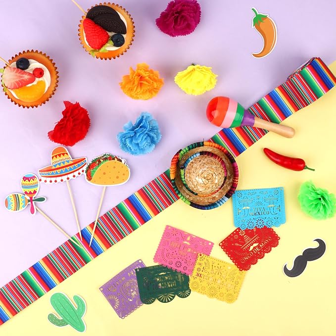 33PCS Mexican Cake Decorations Mexican Cake Topper with Mini Papel Picado Banner Serape Ribbon cactus Taco and Flower Cakes Decor for Fiesta Themed Party Decorations Baby Shower