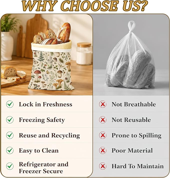 Mushroom Fern Bread Bags for Homemade Bread, Butterfly Garden 2 Pack Linen and Beeswax Sourdough Storage Bags, Reusable Keeper, Keeps Breads Fresh Longer, Gifts for Bakers