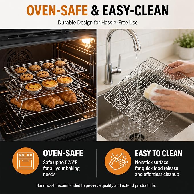 Cooling Rack, 3 Tier Stackable Cooling Racks for Cooking Baking Roasting, Multi-Level Collapsible Cookie Rack for Cakes, Oven Safe & Easy Clean (Silver, 3-Tier)