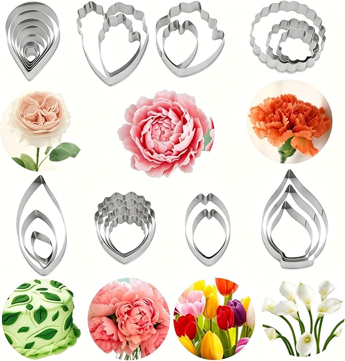 26PCS Flower Fondant Cutter Set with 4 Balls, 7 Different Flowers – Rose/Paeony/Carnation/Leaves/Small Peony/Tulip/Calla Lily Cake Decor Modeling Tools Cookie Tool Set Stainless Steel