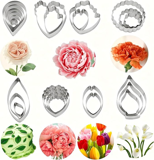 26PCS Flower Fondant Cutter Set with 4 Balls, 7 Different Flowers – Rose/Paeony/Carnation/Leaves/Small Peony/Tulip/Calla Lily Cake Decor Modeling Tools Cookie Tool Set Stainless Steel