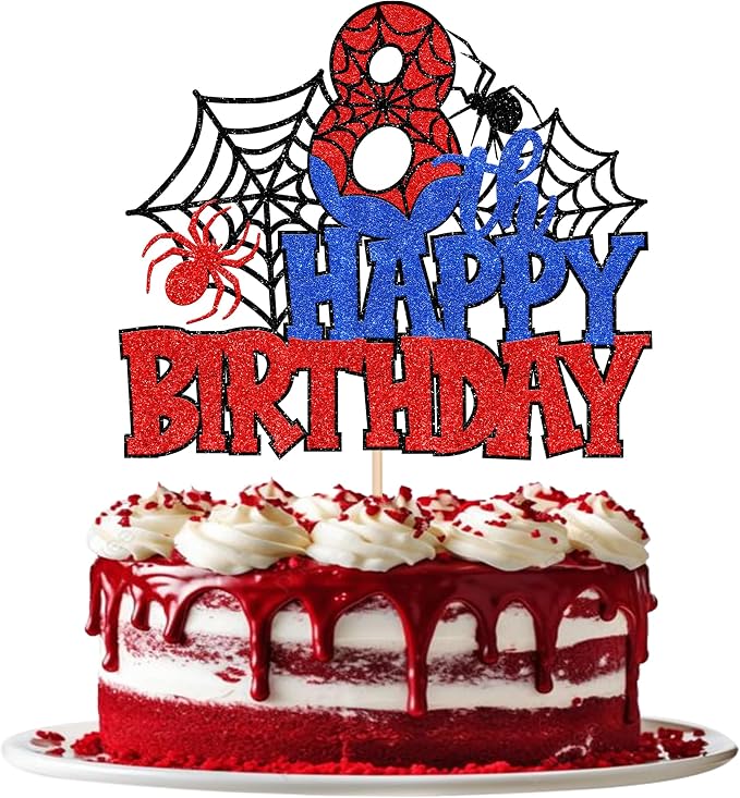 1 PCS Happy 8th Birthday Cake Topper Glitter Spider Web Cheers to 8 Years Seven Birthday Cake Pick Superhero Spider Party Decorations for Boys Girls Happy 8th Birthday Party Cake Decorations Supplies