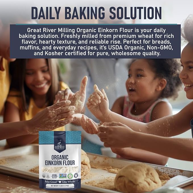 Great River Milling Organic Einkorn Flour | Ancient Whole Wheat Flour | Non-GMO, Kosher, High-Protein | Nutrient-Rich, Healthier All-Purpose Flour Alternative for Baking | 5 Lb (Pack of 1)