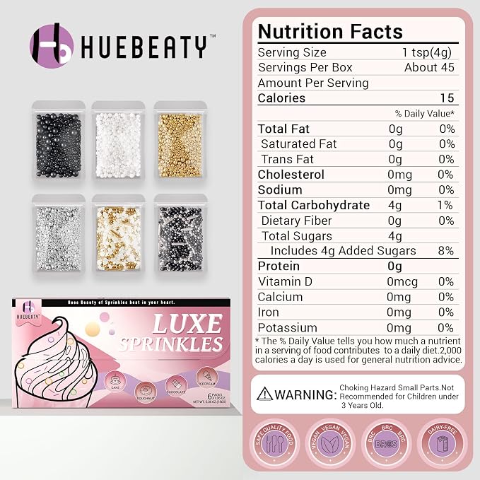 HUEBEATY 6-in-1 Edible Cake Pearl Sprinkles – Black Gold Silver White Sprinkles for Cake Decorating, Cupcakes, Cookies & Ice Cream | 6.36oz/180g | Wedding, Birthday, Graduation, New Year, Valentines Decorations
