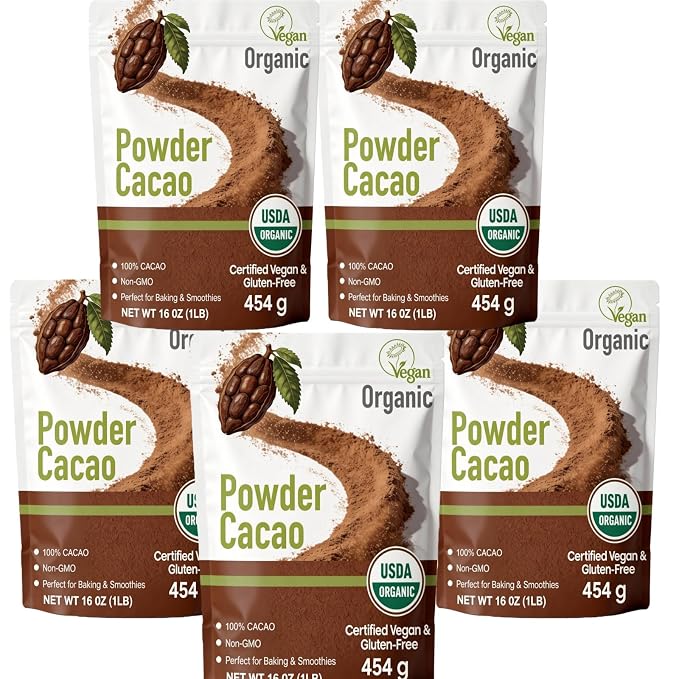 452g/5pack, (5 Lbs - 80 Oz), Ultra-Fine Organic Cacao Powder ， Gourmet Baking Grade, Non-Alkalized Pure Cocoa for Brownies & Cookies, Dairy-Free, Vegan Certified, Resealable Bag