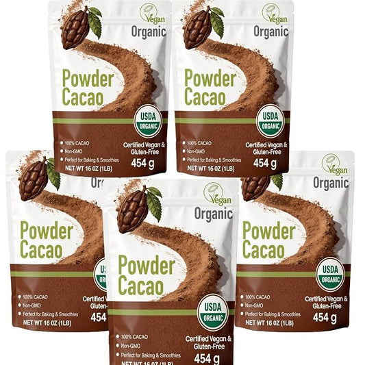 452g/5pack, (5 Lbs - 80 Oz), Ultra-Fine Organic Cacao Powder ， Gourmet Baking Grade, Non-Alkalized Pure Cocoa for Brownies & Cookies, Dairy-Free, Vegan Certified, Resealable Bag