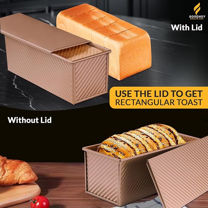 2.2lb set Nonstick Pullman Loaf Pan With Lid For Homemade Bread. Sandwich Bread Baking Mold With Sliding Lid, Durable Toast Box For Square Loaf Shokupan Soft Milk Bread & Gift Box Included.