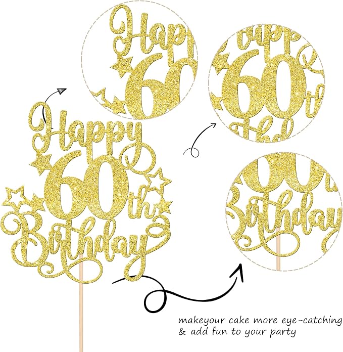 1 PCS Happy 60th Birthday Cake Topper Glitter Cheers to 60 Years Birthday Cake Pick Hello 60 Fabulous Cake Decoration for Happy 60th Birthday Anniversary Party Decorations Supplies Gold