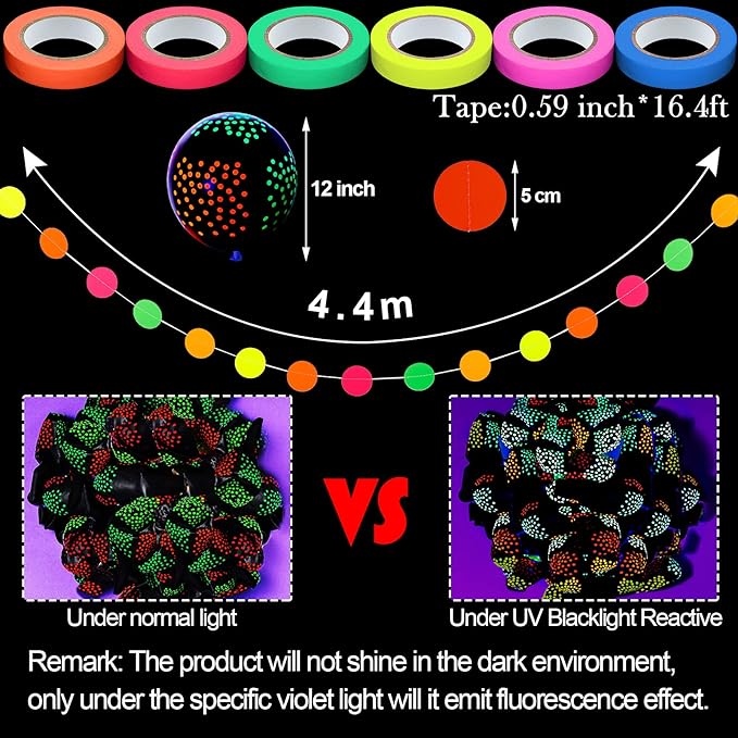 Skylety 32 Pcs Glow in The Dark Party Supplies Neon Party Favors with 25 Fluorescent Balloon 6 Rolls 98.4 ft UV Blacklight Luminous Tape 14.4 ft Neon Streamer Garland for Adults(Funny Dot)