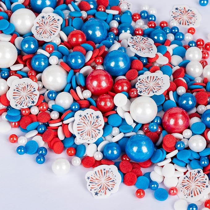 4th of July Edible Sprinkles,Red White Blue Patriotic Sprinkles Mix Edible Fireworks Wafer Paper,130g,Round Confetti Pearls Sprinkle for Cake Decorating,Flag Day,Juneteenth Independence Day Cupcake Donut Cookie Decorations for Fourth of July Party