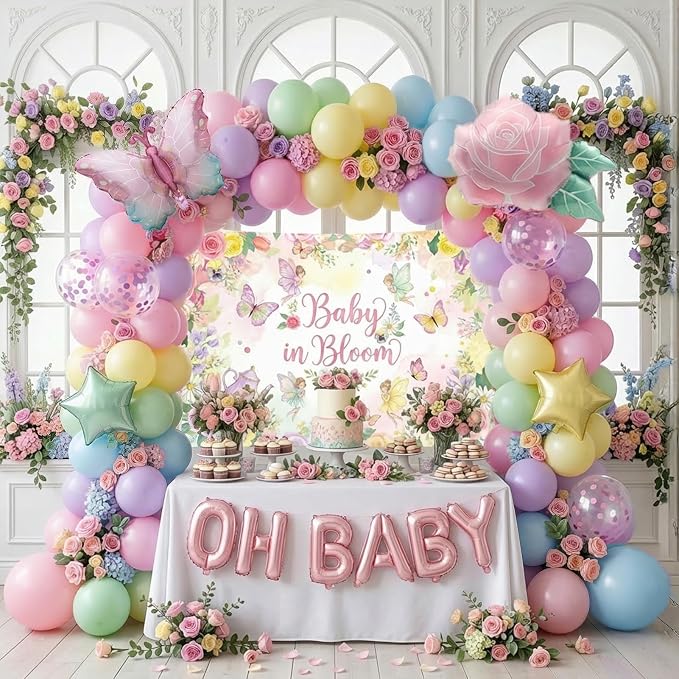 Pastel Spring Floral Mother's Day Party Decorations Kit - Macaron Balloon Arch with Butterfly, Pink Rose Flower Foil Balloons for Mother's Day Decor, Women's Birthday, Tea Party Supplies