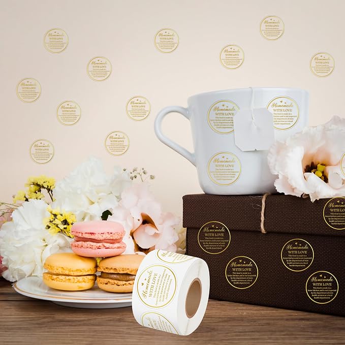 PANTIDE 500 Count Clear Cottage Food Law Labels Transparent PVC Stickers | Homemade with Love, Adhesive Round Decal Roll, Made in a Home Kitchen, for Baked Food Packaging, 2 x 2 Inch, Gold Foil Script