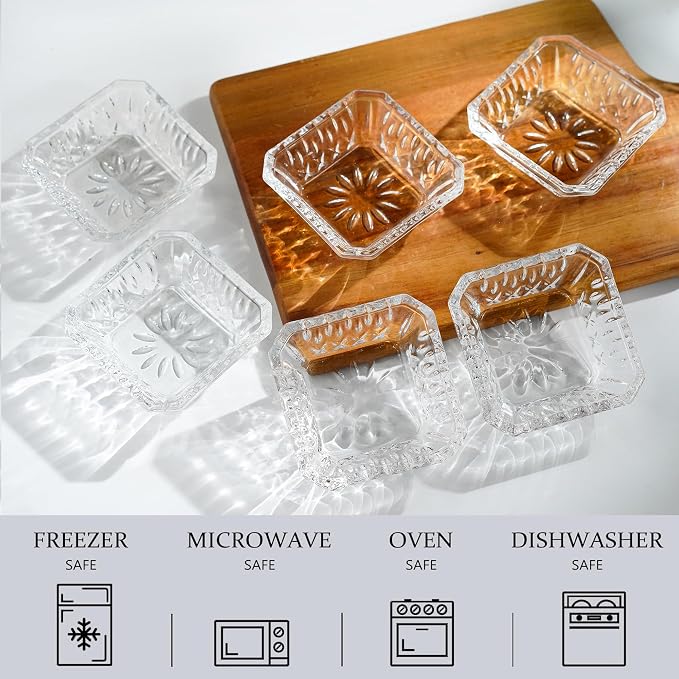 kanpura Mini Glass Bowls, Square Prep Bowl, Dishwasher Safe, Pinch Bowls for Dipping Spices Sauce, Stackable, 1.8 oz, Set of 6, (Clear)