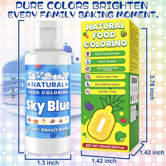 Sky Blue Natural Food Coloring - 50ml Plant Based Food Dye, No FD&C & Artificial Dyes, Gluten-Free, Food-Grade, Vibrant Liquid Colors for Icing, Baking, Cake Decorating, Frosting, Fondant, Slime - 1.69 Fl.Oz Bottles