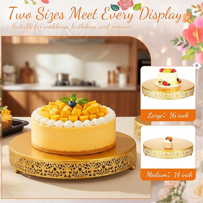 Wenqik 2 Pack Cake Stand Set, 14/16 Inch Metal Round Cupcake Dessert Stand Decorative Elegant Cake Display for Weddings Party Birthday Baby Showers Anniversary (Floral Lace,Gold)