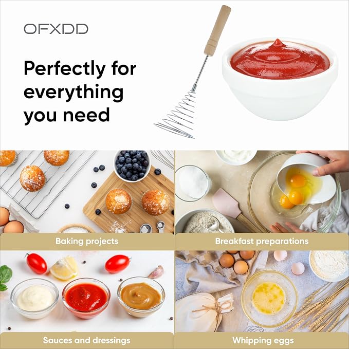 Stainless Steel Spring Coil Whisk 2 Pcs - Wire Whip Egg Whisk with Wooden Long Handle - Heavy Duty Whisks for Cooking