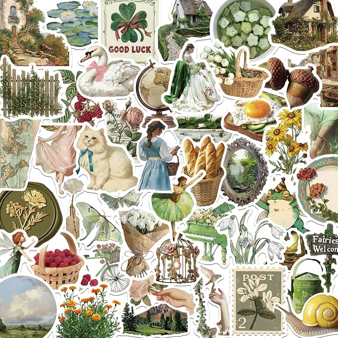 50 Pcs Cottagecore Stickers for Scrapbooking, Waterproof Vinyl Green Vintage Botanical Stickers for Laptops Water Bottles Journals, Aesthetic Decorative Decals for Teens Students Adults