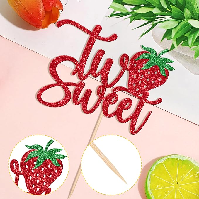1 PCS Two Sweet Strawberry Cake Topper Red Glitter Strawberry Sweet Two Cake Pick Berry 2nd Birthday Cake Decoration for Strawberry Theme Baby Shower Kids Second Birthday Party Decorations Supplies