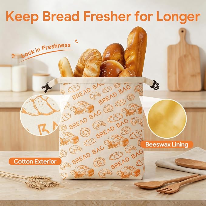 Beeswax Bread Bag, 2 Pack Reusable Bread Bags for Sourdough & Homemade Bread, Phsfem XL Size Organic Cotton Linen Bags with Natural Beeswax Lining,for Bread Freshness,Friendly Use, Orange