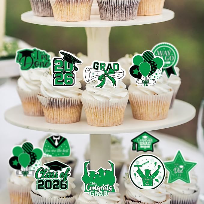 48pcs Edible 2026 Graduation Cupcake Toppers Wafer Paper Green Class of 2026 Cake Decorations Edible Congrats Grad Cupcake Picks for 2026 Graduation Theme Party Cake Supplies